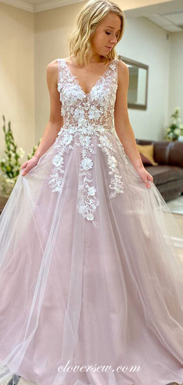 Dusty Pink Applique Illusion Top V-Back A-Line Prom Dresses, CP0544 US14 / Custom Color(Leaving A note) Dusty Pink Applique Illusion Top V-Back A-Line Prom Dresses, CP0544 US14 / Custom Color(Leaving A note)