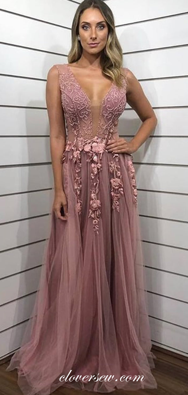 Dusty Pink Bead 3D Applique A-line Formal Dresses, CP0613 clover sew Dusty Pink Bead 3D Applique A-line Formal Dresses, CP0613 clover sew