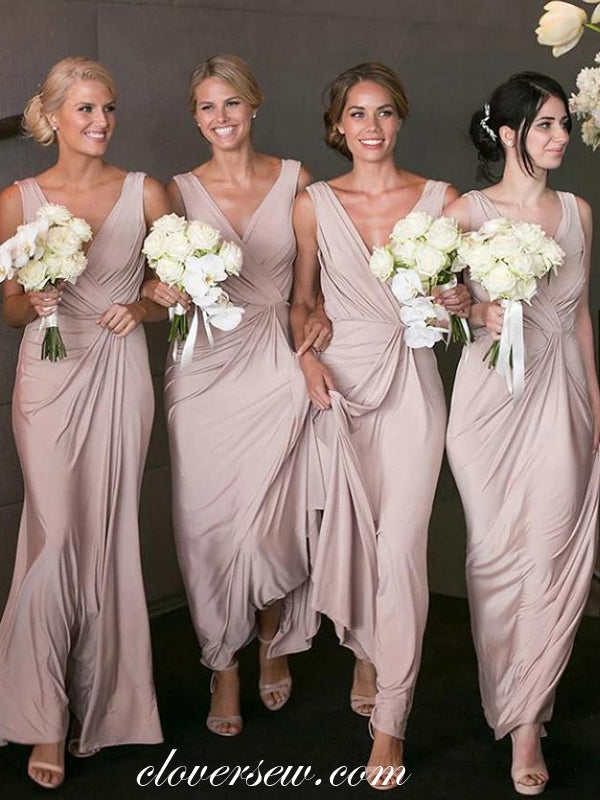 Dusty Pink Elastic Satin V-neck Sheath Long Bridesmaid Dresses ,CB0157