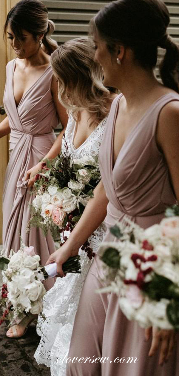 Dusty Pink Elastic Satin V-neck Sheath Long Bridesmaid Dresses ,CB0157 clover sew Dusty Pink Elastic Satin V-neck Sheath Long Bridesmaid Dresses ,CB0157 clover sew
