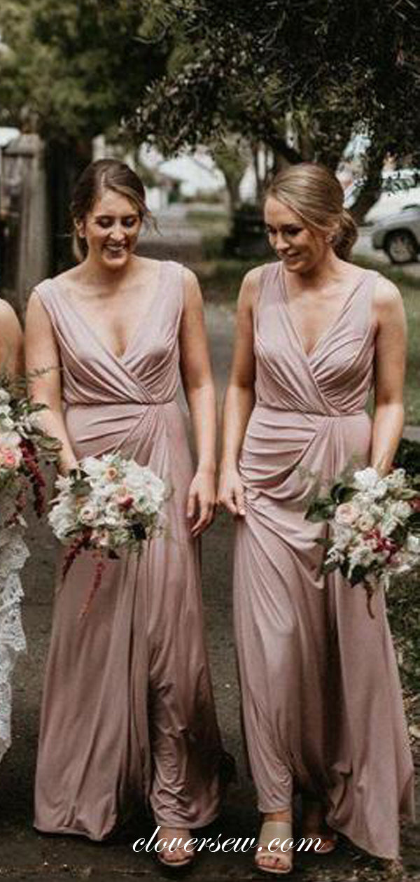 Dusty Pink Elastic Satin V-neck Sheath Long Bridesmaid Dresses ,CB0157 clover sew Dusty Pink Elastic Satin V-neck Sheath Long Bridesmaid Dresses ,CB0157 clover sew