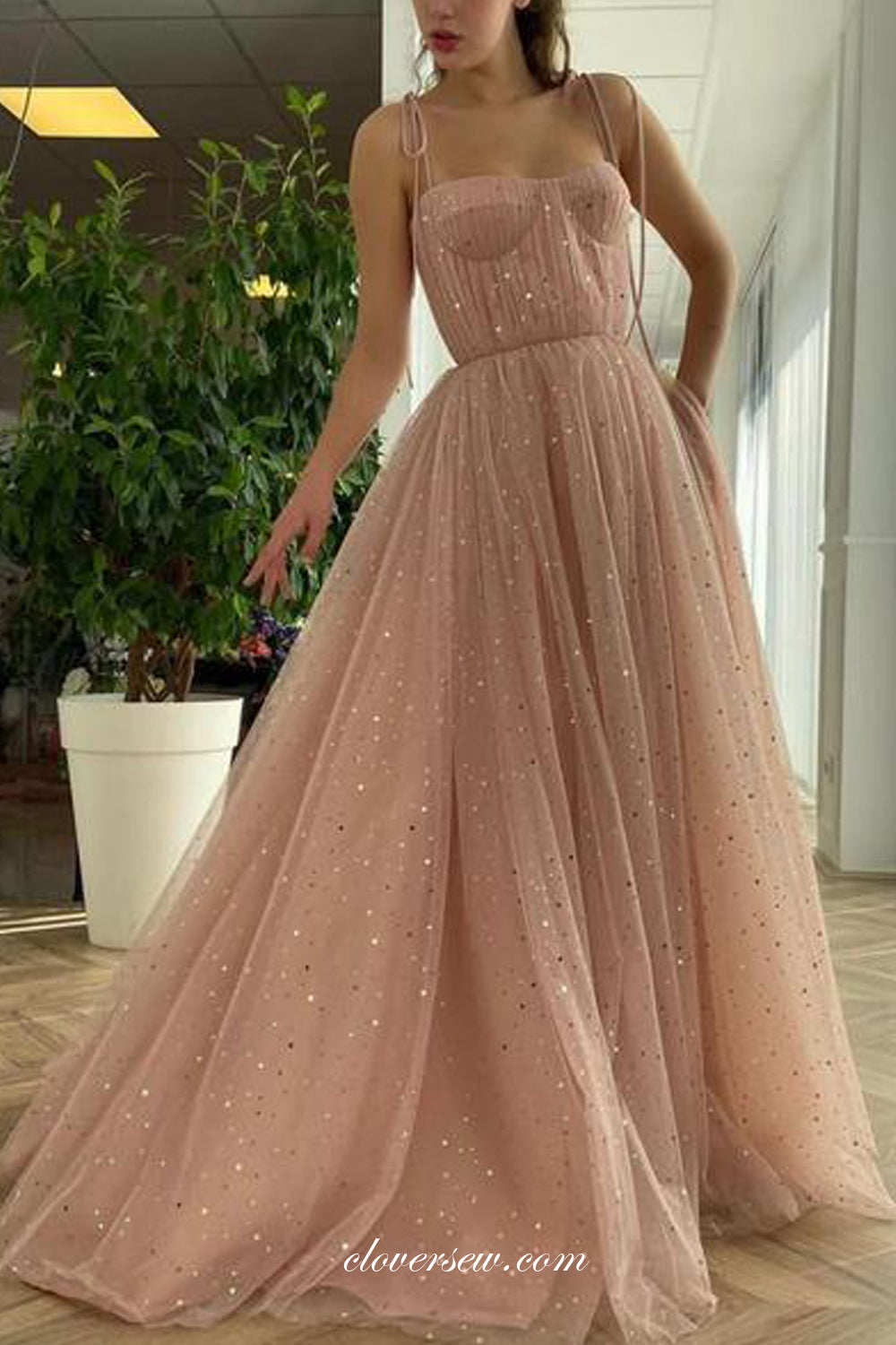 Dusty Pink Pleating Sequined Tulle A-line Long Prom Dresses, CP0760
