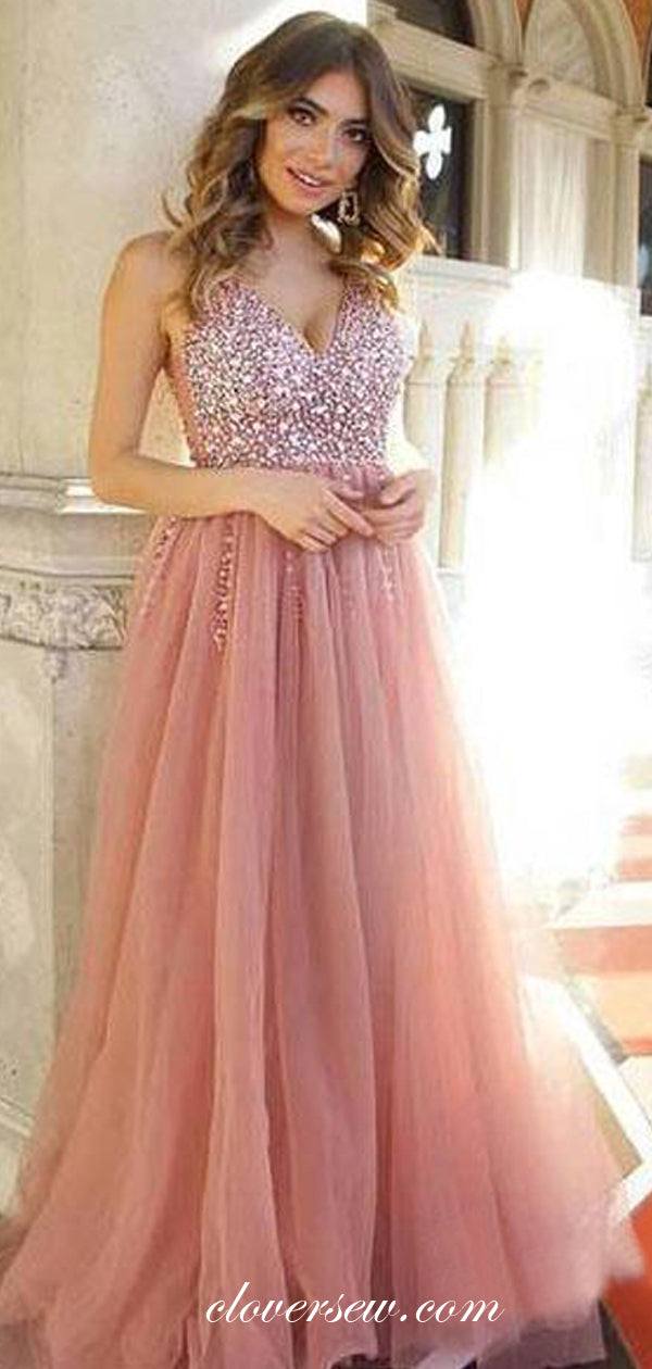 Dusty Pink Rhinestone Tulle V-neck Prom Dresses, CP0622 US0 / As Pic Dusty Pink Rhinestone Tulle V-neck Prom Dresses, CP0622 US0 / As Pic