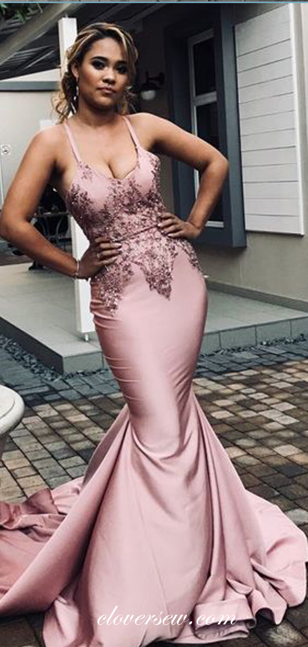 Dusty Pink Satin Applique Spaghetti Strap Lace Up Back Mermaid Prom Dresses, CP0538