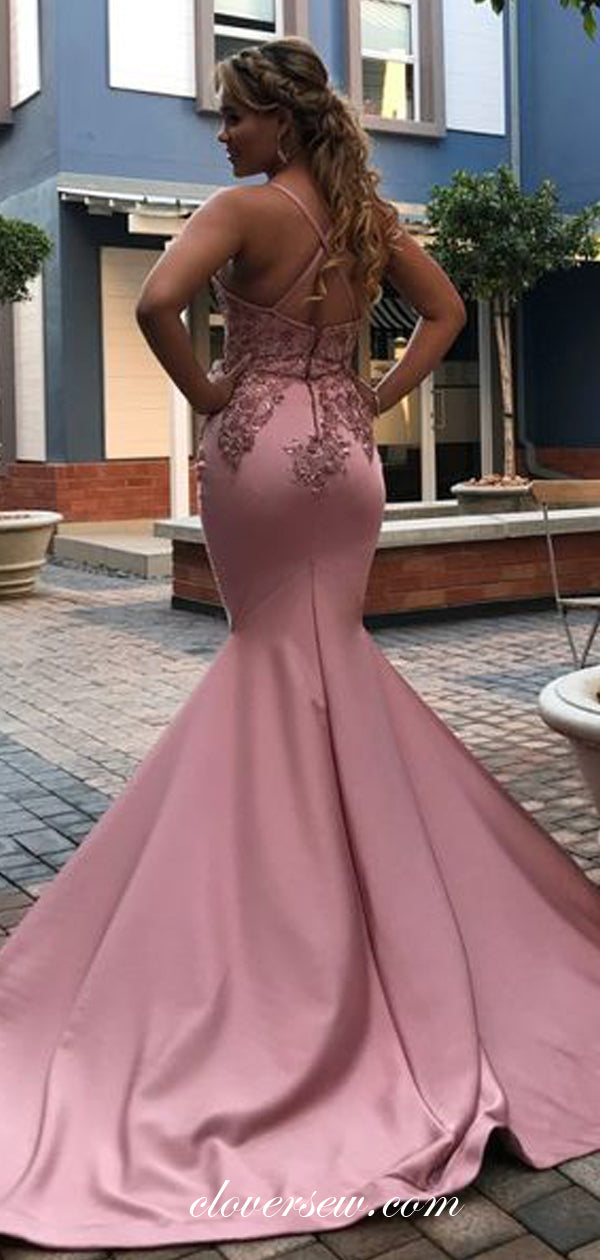 Dusty Pink Satin Applique Spaghetti Strap Lace Up Back Mermaid Prom Dresses, CP0538