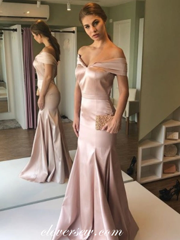 Dusty Pink Satin Off The Shoulder Mermaid Formal Dresses, CP0516