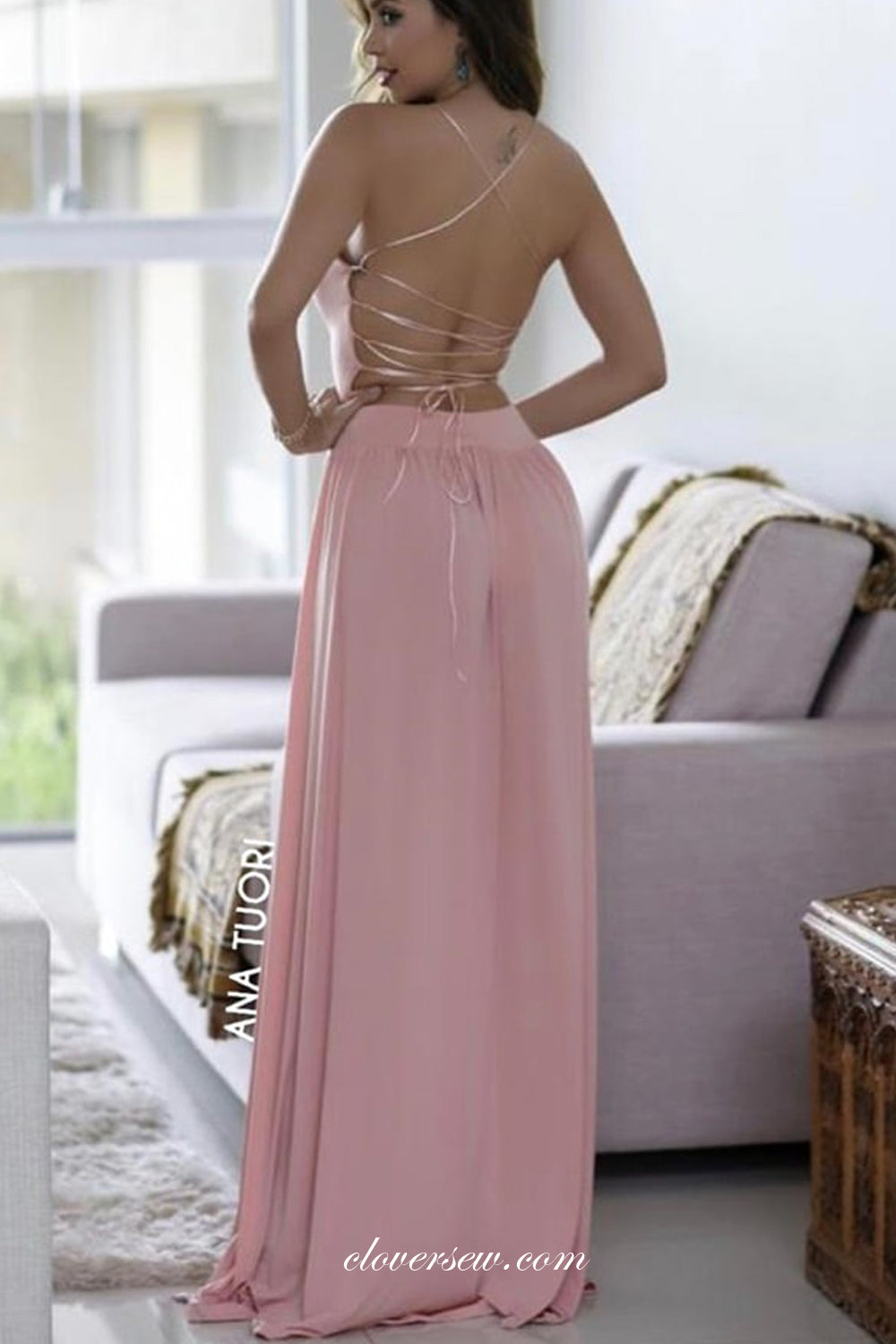 Dusty Pink Spaghetti Strap Lace Up Back Bridesmaid Dresses, CB0243 clover sew Dusty Pink Spaghetti Strap Lace Up Back Bridesmaid Dresses, CB0243 clover sew