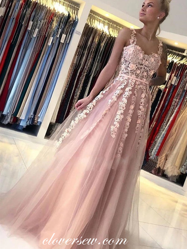 Dusty Pink Tulle Applique Sleeveless A-line Prom Dresses For Teens, CP0578