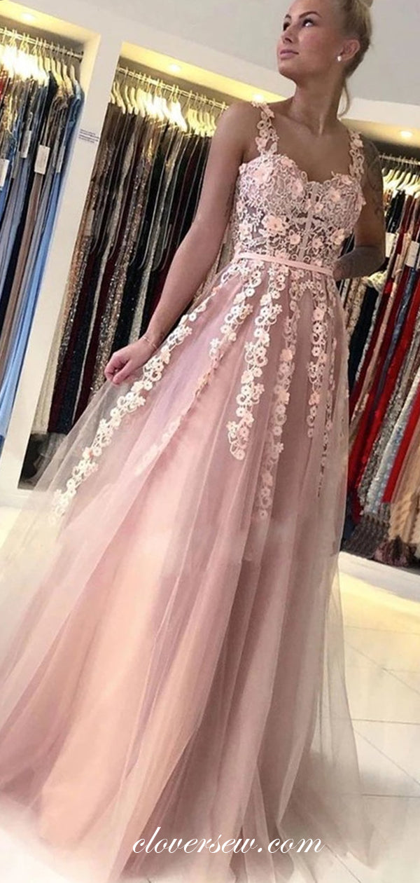 Dusty Pink Tulle Applique Sleeveless A-line Prom Dresses For Teens, CP0578