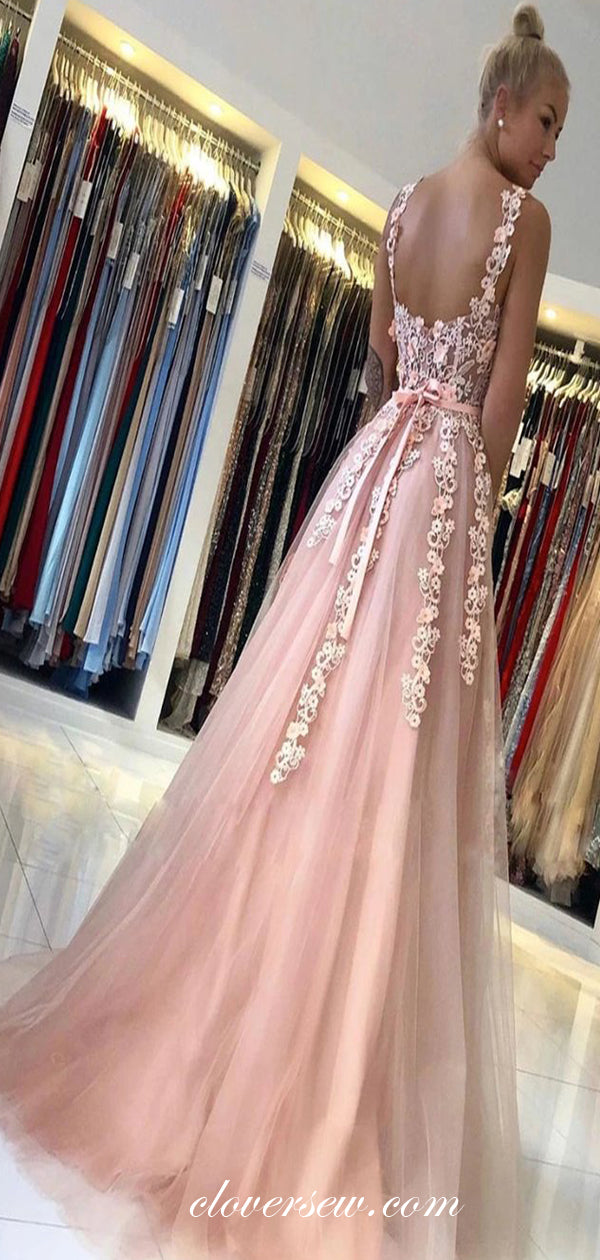Dusty Pink Tulle Applique Sleeveless A-line Prom Dresses For Teens, CP clover sew Dusty Pink Tulle Applique Sleeveless A-line Prom Dresses For Teens, CP clover sew