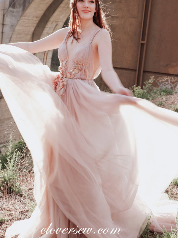 Dusty Pink Tulle Beaded Applique Boho Wedding Dresses, CW0269