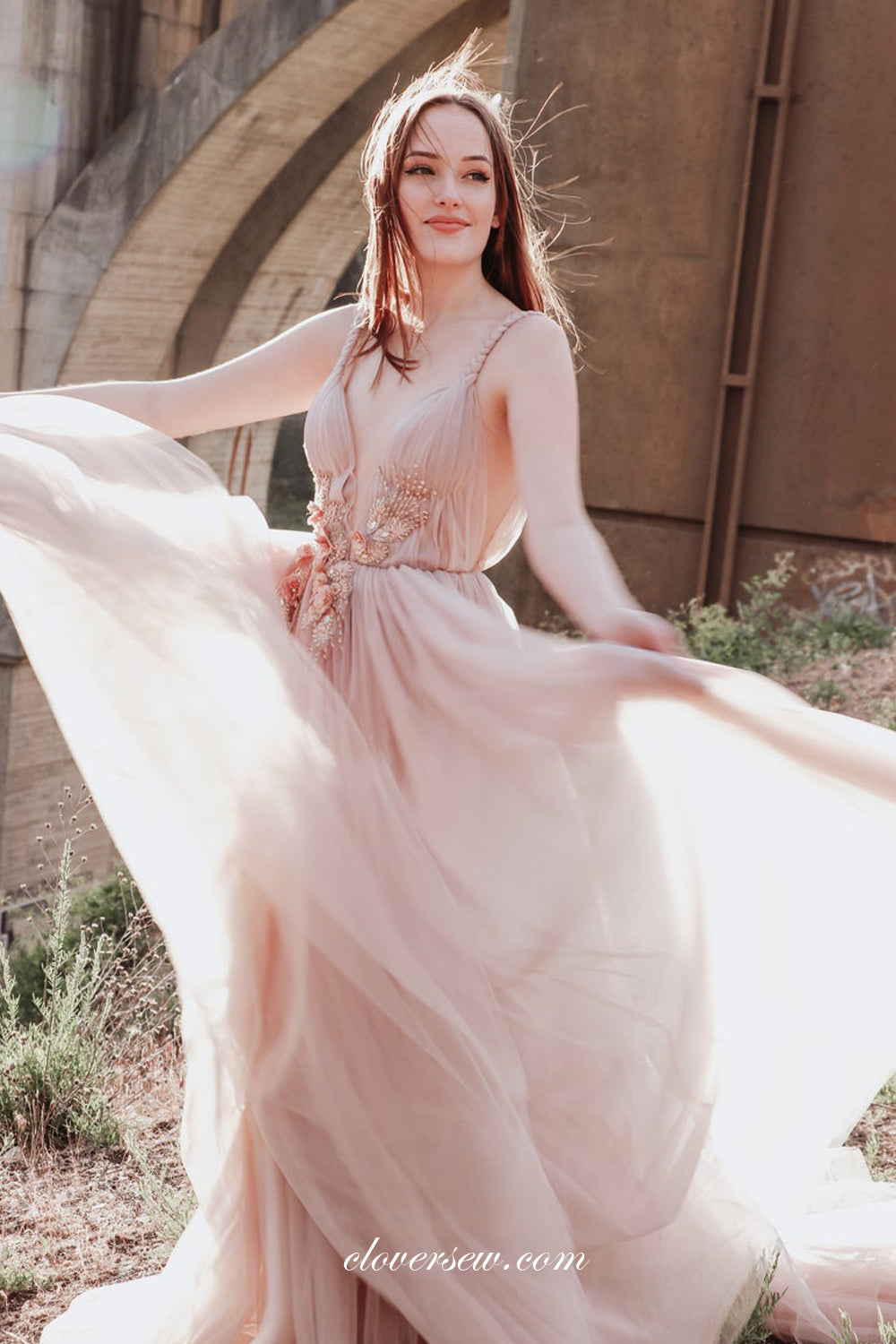 Dusty Pink Tulle Beaded Applique Boho Wedding Dresses, CW0269 Dusty Pink Tulle Beaded Applique Boho Wedding Dresses, CW0269