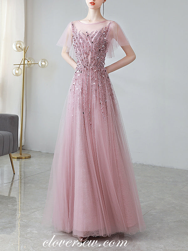 Dusty Pink Tulle Silver Beaded Short Sleeves Prom Dresses, CP0811