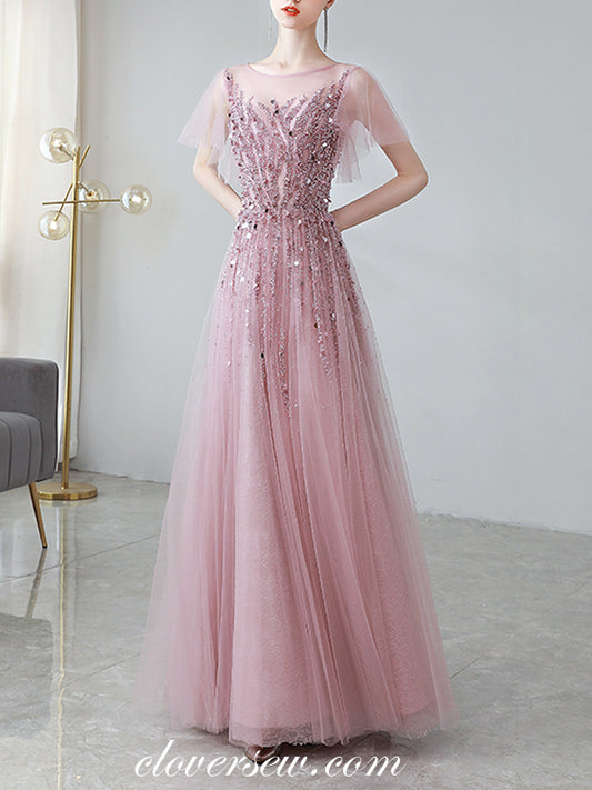 Dusty Pink Tulle Silver Beaded Short Sleeves Prom Dresses, CP0811