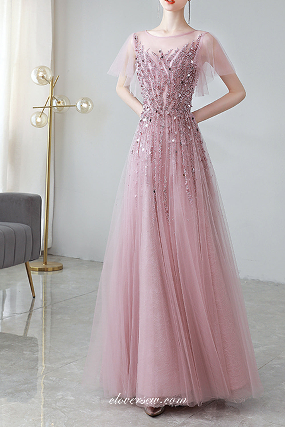 Dusty Pink Tulle Silver Beaded Short Sleeves Prom Dresses, CP0811