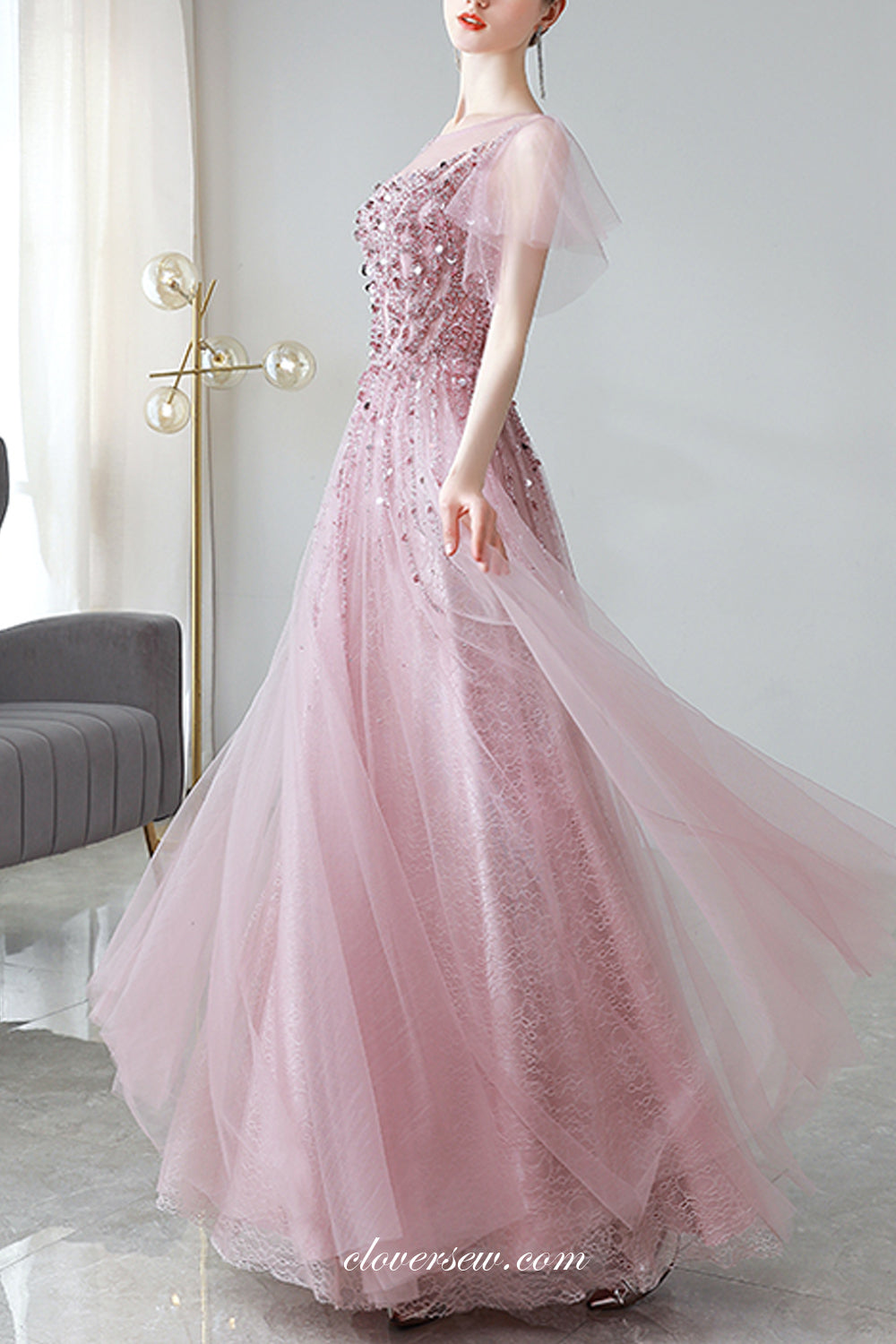 Dusty Pink Tulle Silver Beaded Short Sleeves Prom Dresses, CP0811