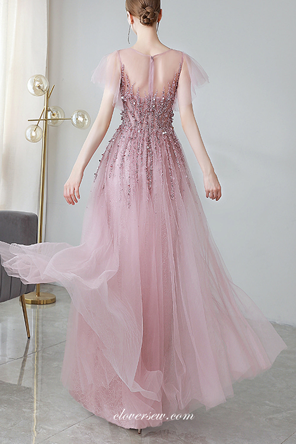 Dusty Pink Tulle Silver Beaded Short Sleeves Prom Dresses, CP0811