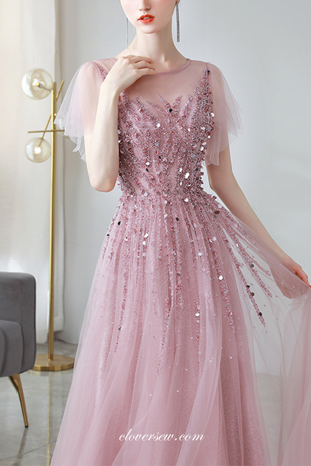 Dusty Pink Tulle Silver Beaded Short Sleeves Prom Dresses, CP0811