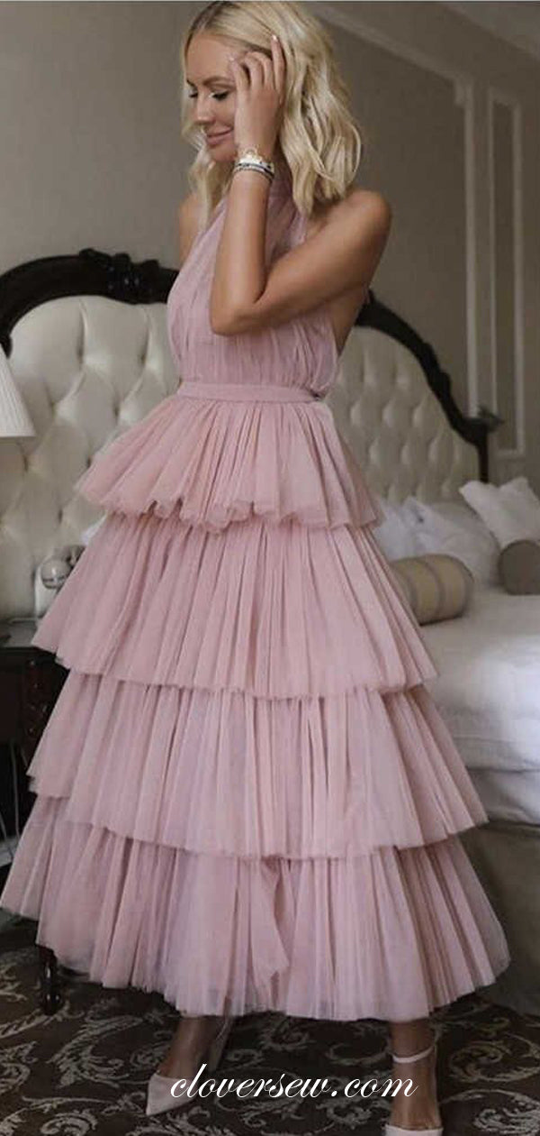 Dusty Pink Tulle Tiered Halter Ankle Length A-line Prom Dresses, CP0501