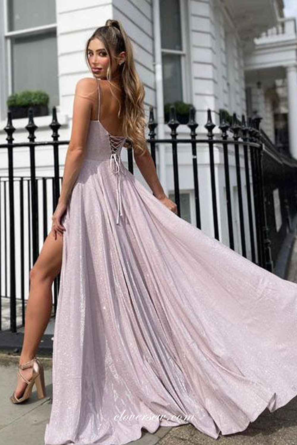 Dusty Purple Shiny Satin Spaghetti Strap Lace Up Back Prom Dresses, CP0844