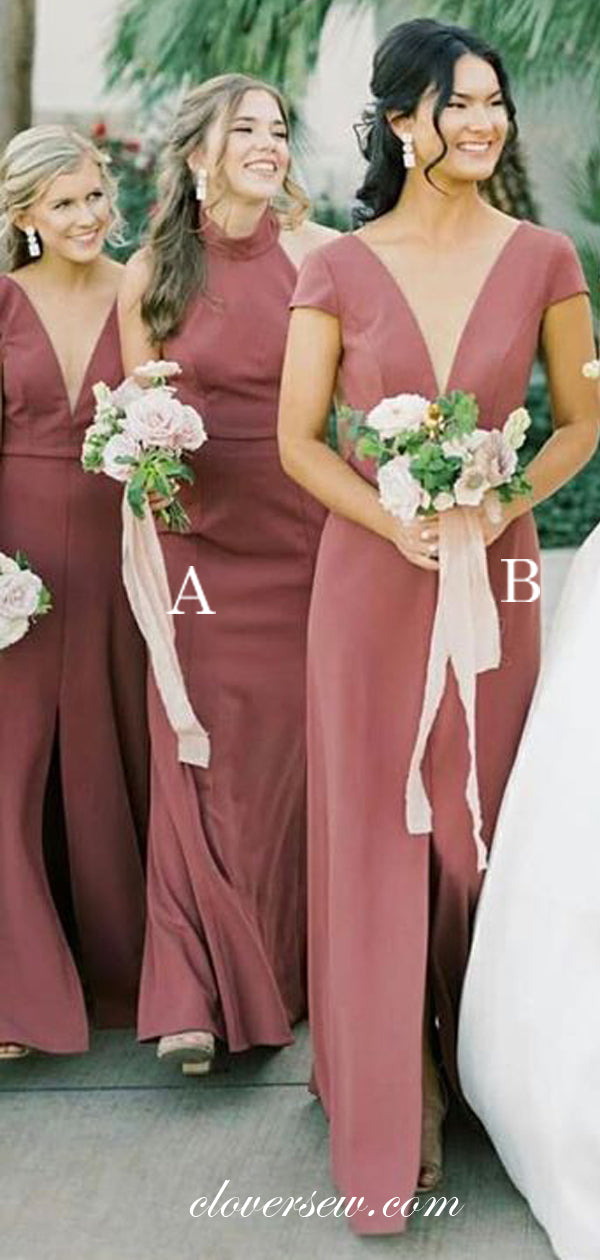 Dusty Rose Mismatched Sheath Simple Elegant Long Bridesmaid Dresses , CB0125