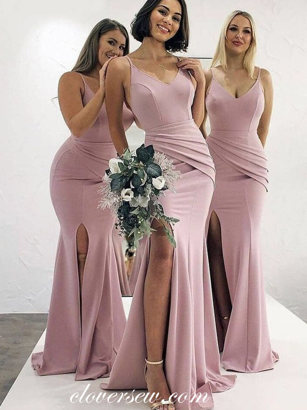 Dusty Rose Pleating Spaghetti Strap Mermaid Bridesmaid Dresses, CB0250