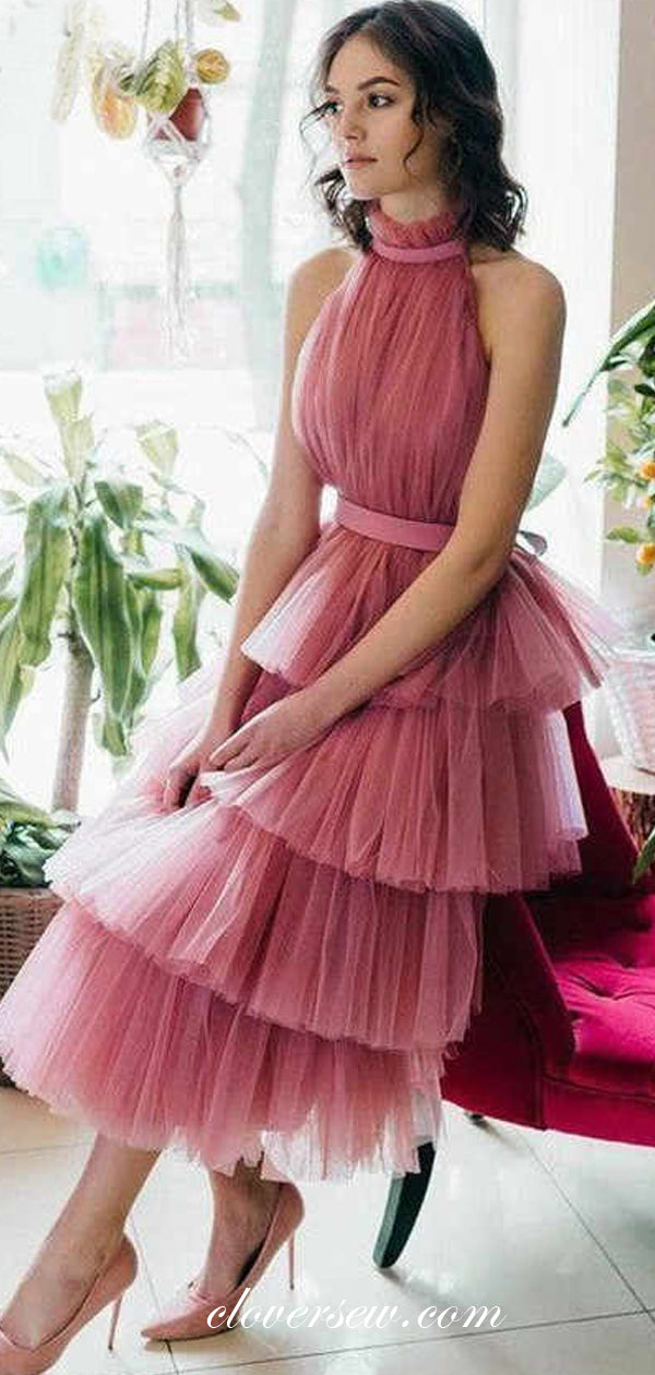 Dusty Rose Tulle Halter Tiered A-line Ankle Length Prom Dresses, CP050 clover sew Dusty Rose Tulle Halter Tiered A-line Ankle Length Prom Dresses, CP050 clover sew
