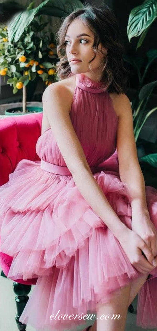Dusty Rose Tulle Halter Tiered A-line Ankle Length Prom Dresses, CP0502
