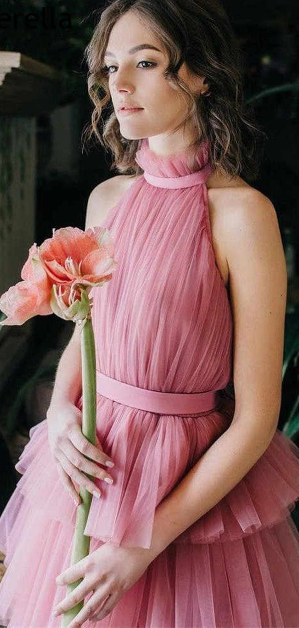 Dusty Rose Tulle Halter Tiered A-line Ankle Length Prom Dresses, CP0502