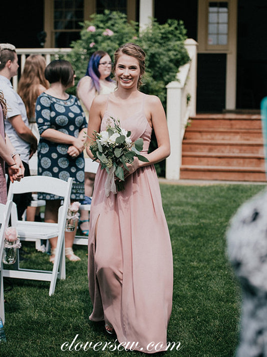 Dusty Pink Chiffon Spaghetti Strap A-line Long Bridesmaid Dresses, CB0048