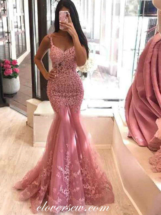 Dusty Pink Lace Applique Elegant Mermaid Prom Dresses, CP0488