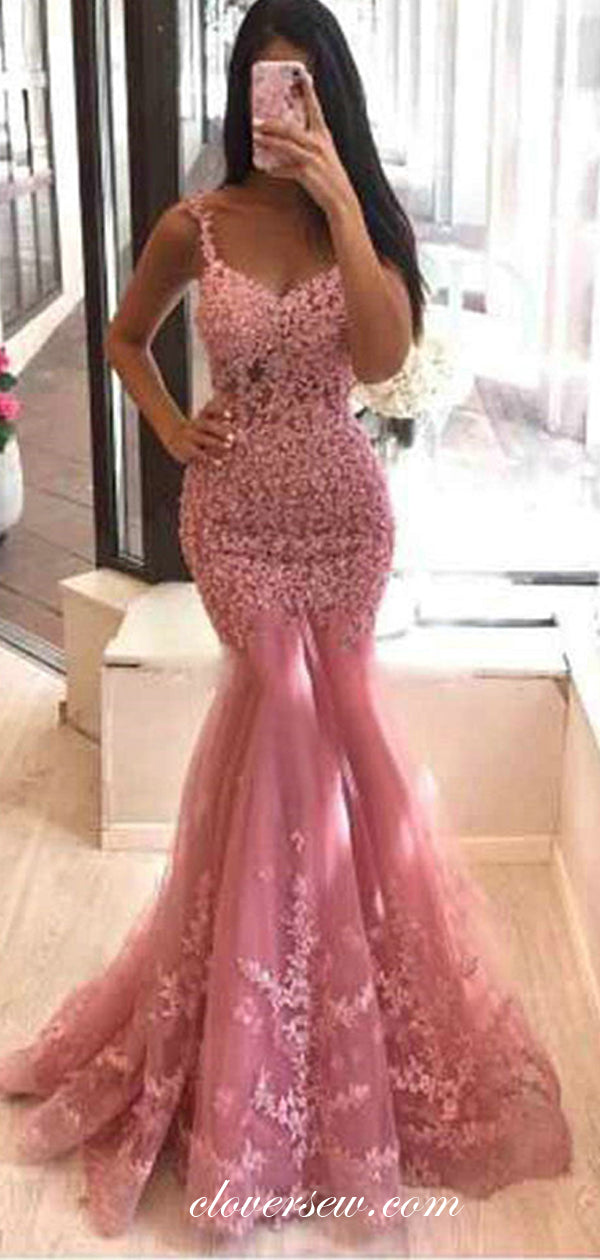 Dusty Pink Lace Applique Elegant Mermaid Prom Dresses, CP0488
