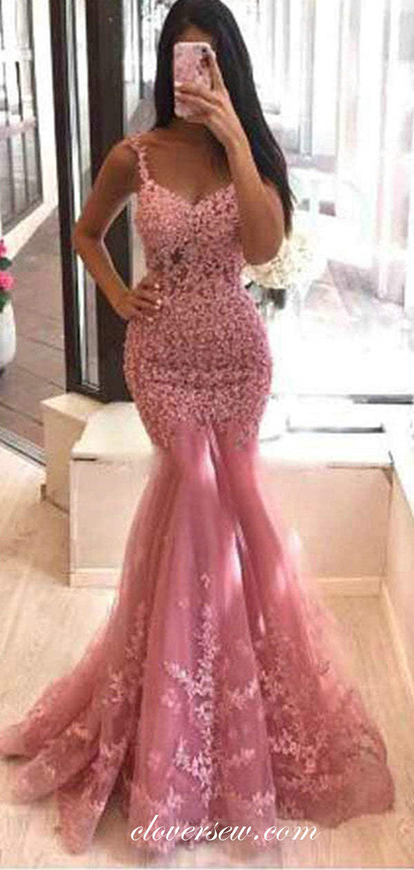 Dusty Pink Lace Applique Elegant Mermaid Prom Dresses, CP0488 Dusty Pink Lace Applique Elegant Mermaid Prom Dresses, CP0488