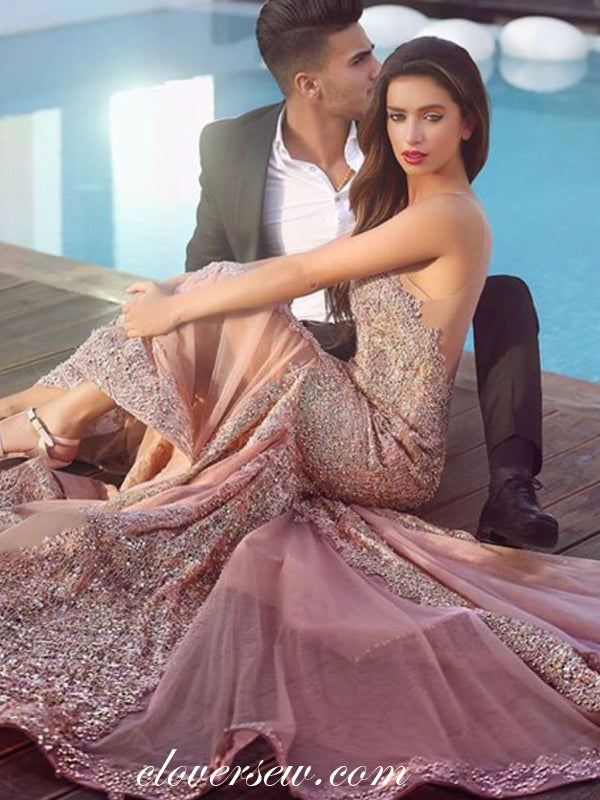 Dusty Pink Tulle Lace Applique Illusion Neckline Mermaid Prom Dresses,CP0321