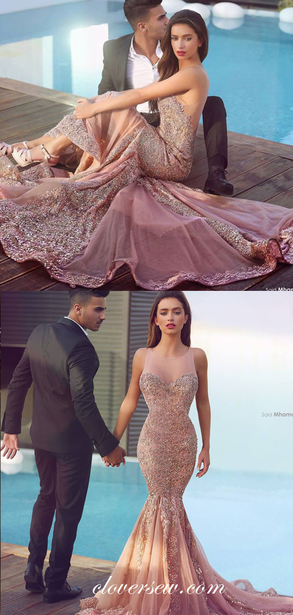 Dusty Pink Tulle Lace Applique Illusion Neckline Mermaid Prom Dresses,CP0321