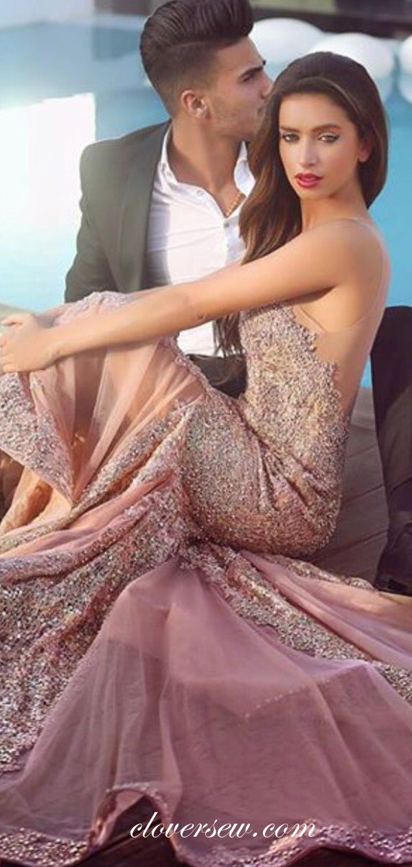 Dusty Pink Tulle Lace Applique Illusion Neckline Mermaid Prom Dresses,CP0321
