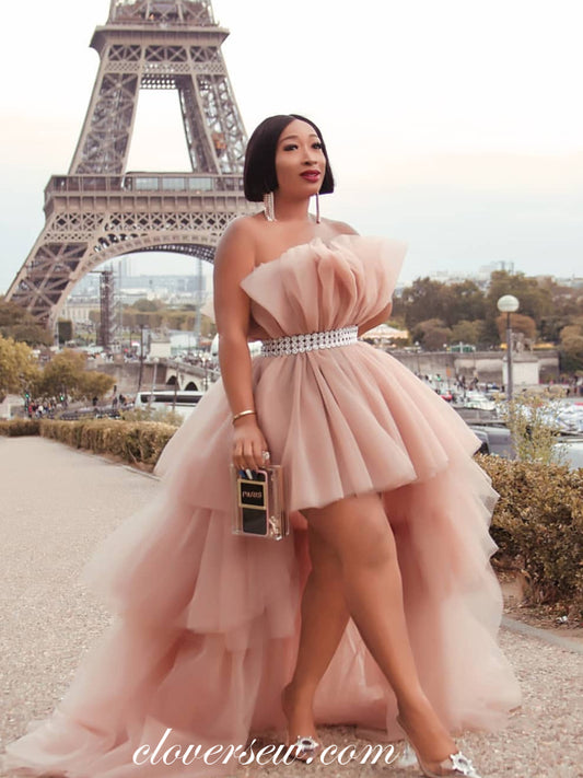 Dusty Pink Tulle Straoless High Low A-line Prom Dresses ,CP0234