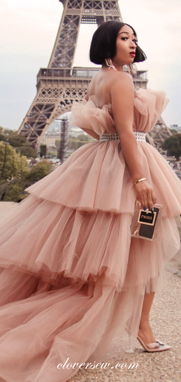 Dusty Pink Tulle Straoless High Low A-line Prom Dresses ,CP0234