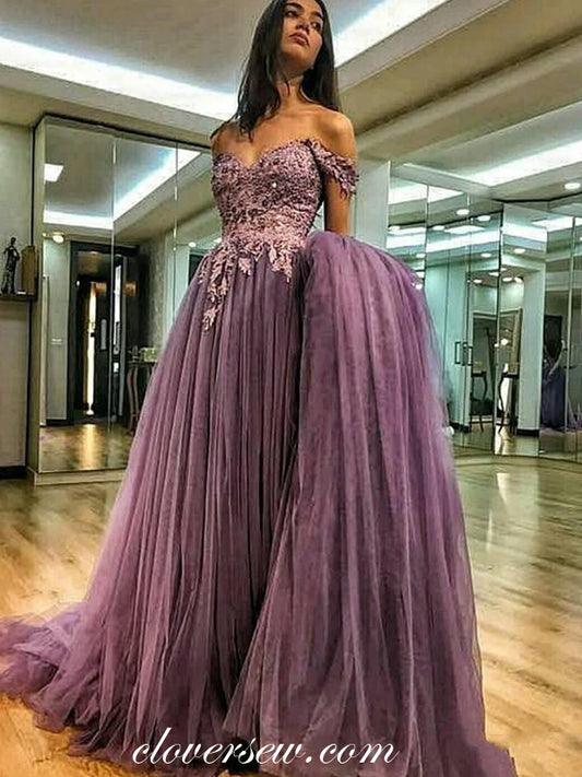 Dusty Purple Tulle Lace Off The Shoulder A-line Prom Dresses,CP0430