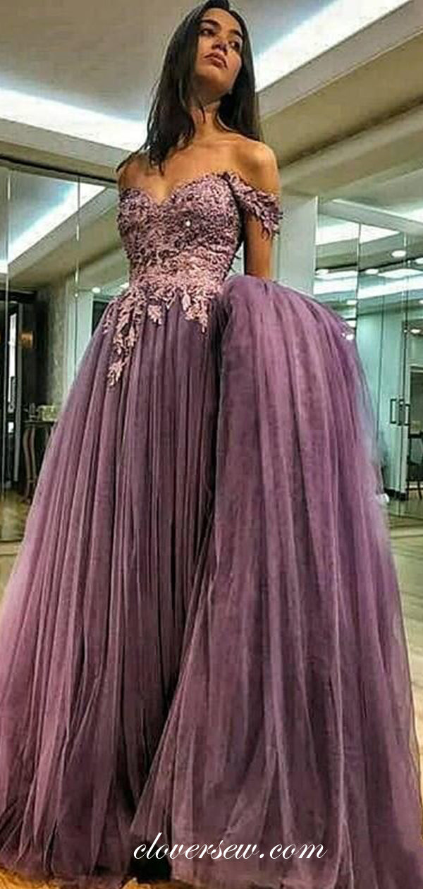 Dusty Purple Tulle Lace Off The Shoulder A-line Prom Dresses,CP0430