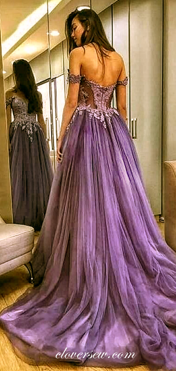 Dusty Purple Tulle Lace Off The Shoulder A-line Prom Dresses,CP0430 Dusty Purple Tulle Lace Off The Shoulder A-line Prom Dresses,CP0430