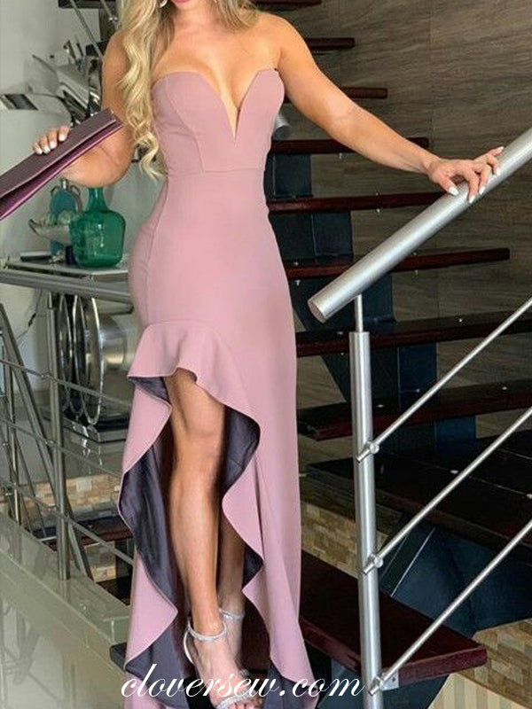 Dusty Rose Ruffles Slit Strapless Sheath Prom Dresses, CP0086