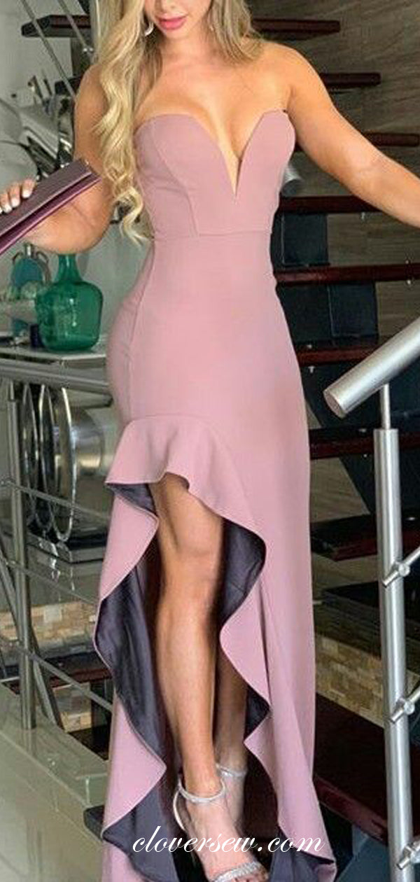 Dusty Rose Ruffles Slit Strapless Sheath Prom Dresses, CP0086