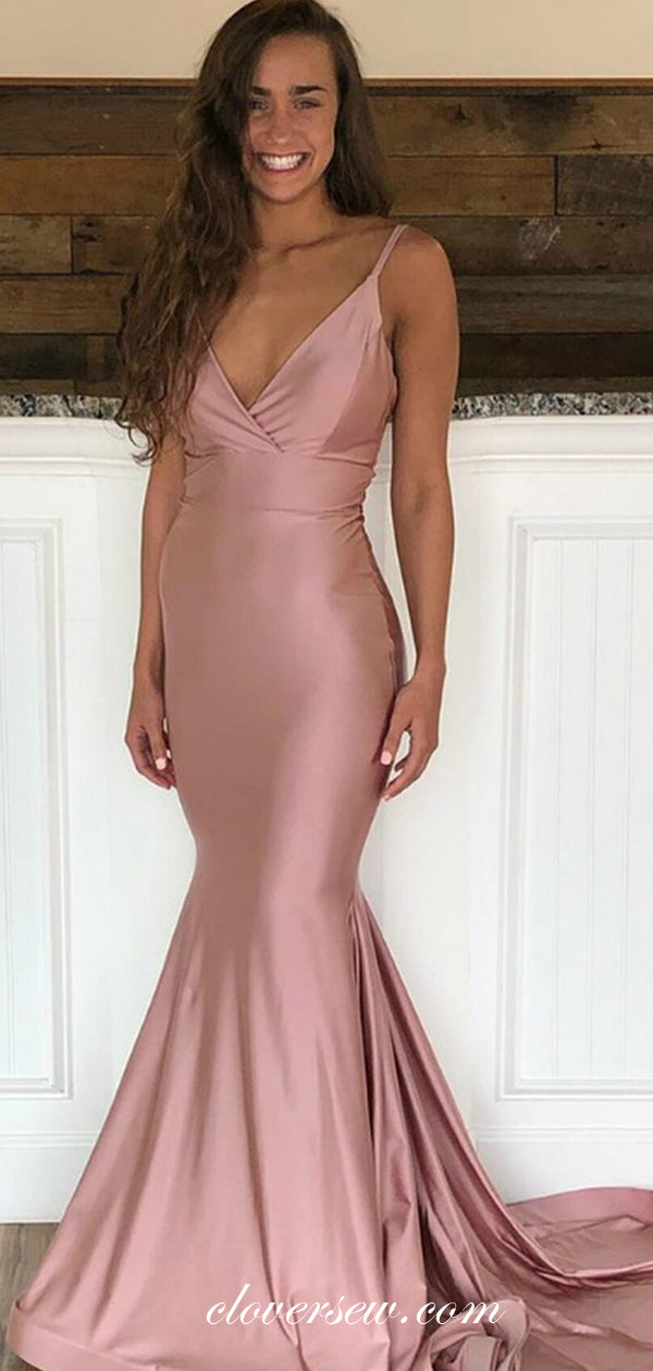 Dusty Rose Spaghetti Strap V-neck Backless Mermaid Prom Dresses , CP0480
