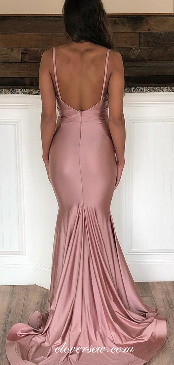 Dusty Rose Spaghetti Strap V-neck Backless Mermaid Prom Dresses , CP0480