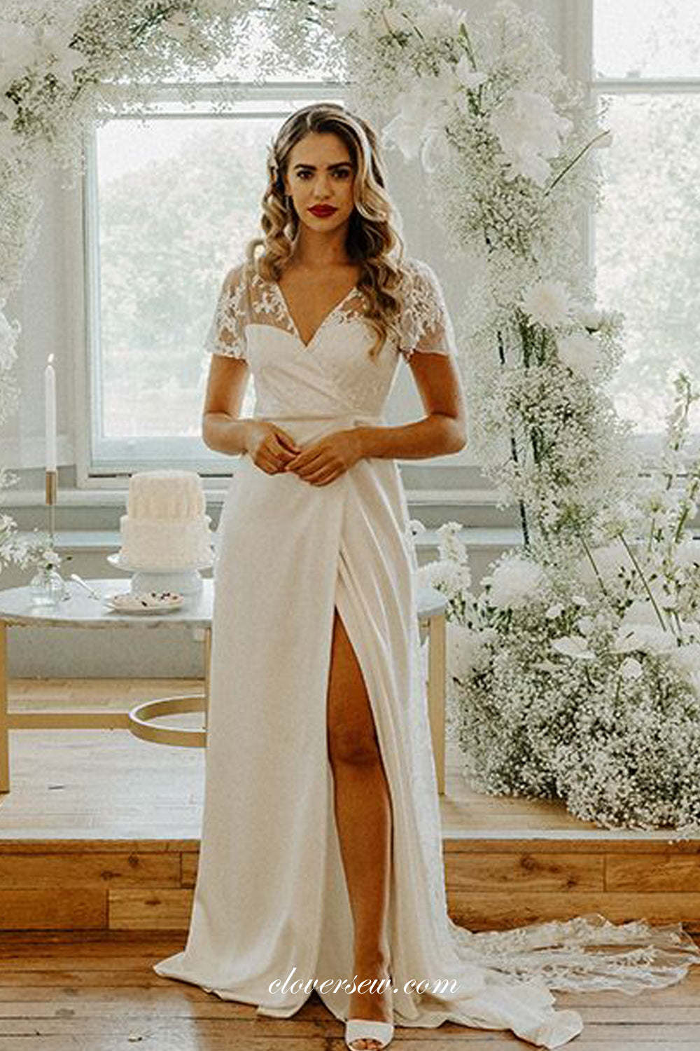 Elegant Lace Chiffon Short Sleeves V-neck Column Slit Wedding Dresses, CW0295
