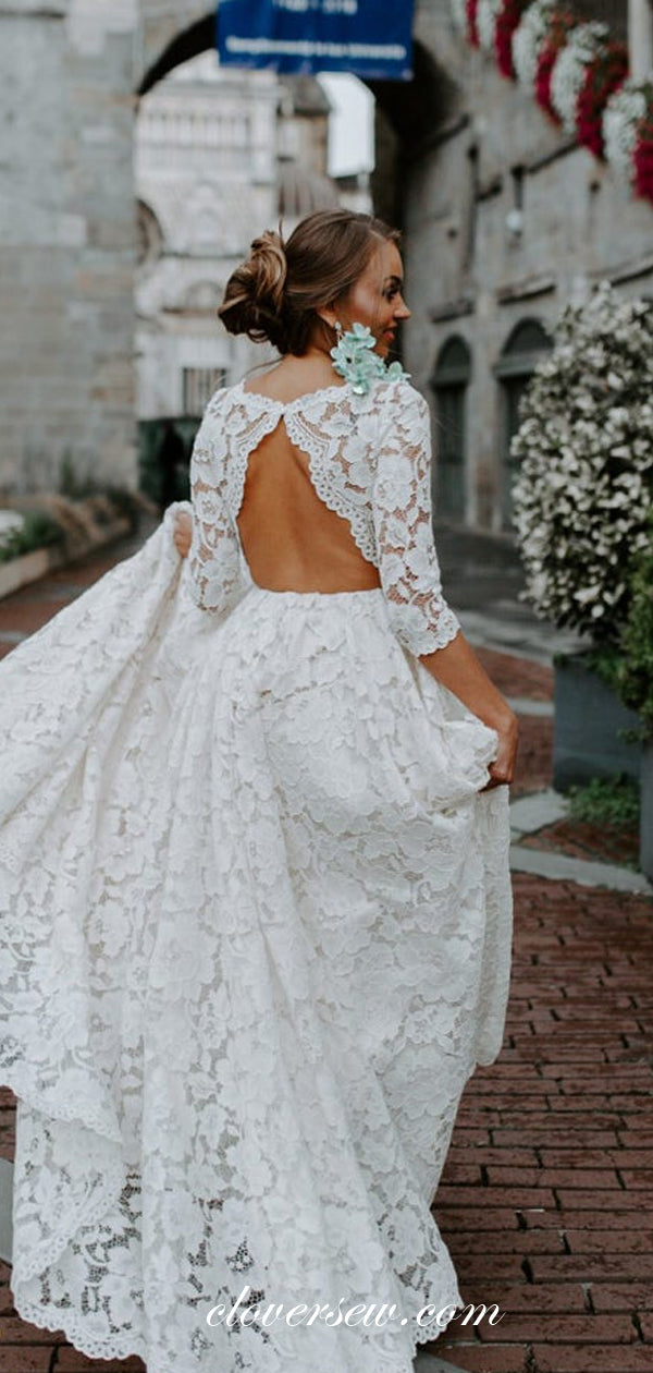 Elegant Lace Half Sleeve Open Back A-line Wedding Dresses,CW0141