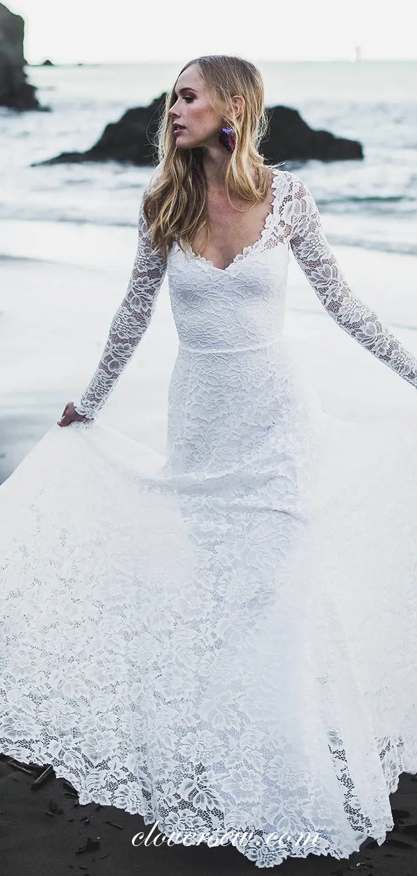 Elegant Lace Long Sleeves Open Back Wedding Dresses,CW0213
