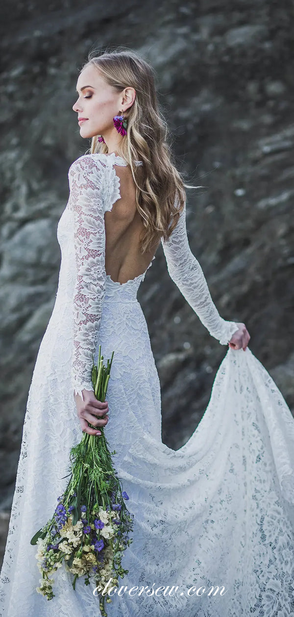 Elegant Lace Long Sleeves Open Back Wedding Dresses,CW0213 clover sew Elegant Lace Long Sleeves Open Back Wedding Dresses,CW0213 clover sew