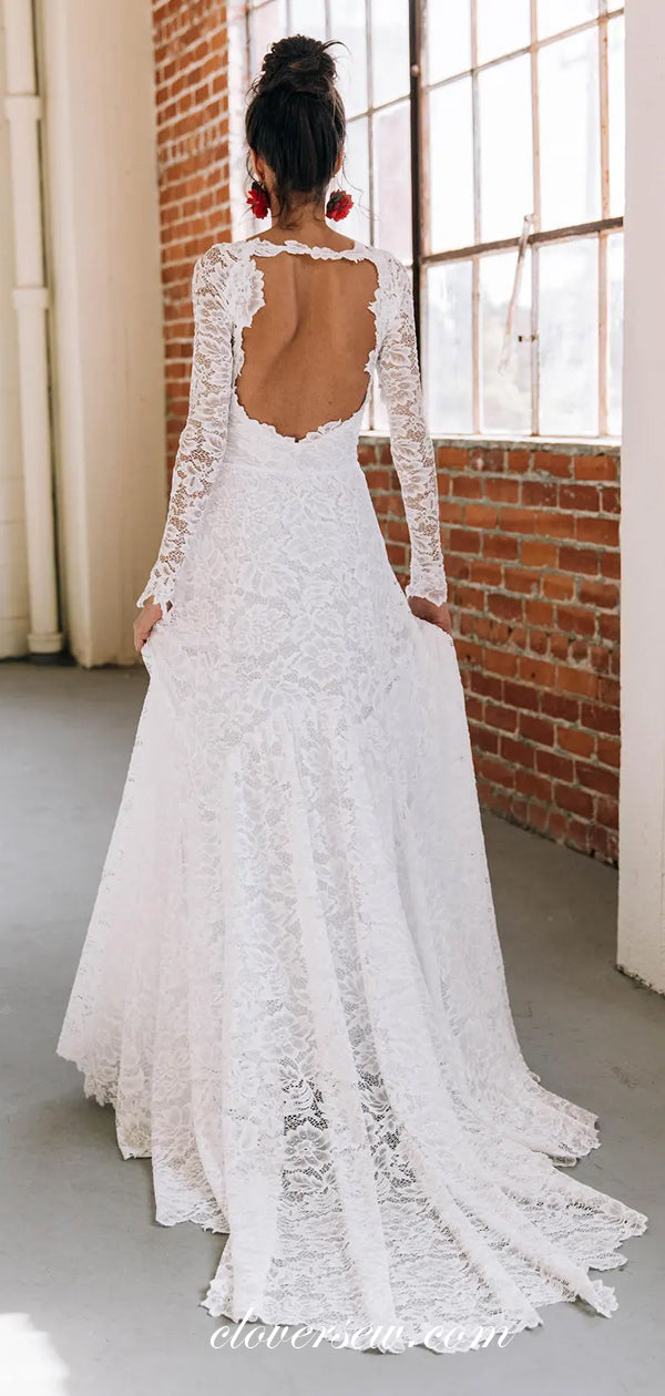 Elegant Lace Long Sleeves Open Back Wedding Dresses,CW0213 clover sew Elegant Lace Long Sleeves Open Back Wedding Dresses,CW0213 clover sew